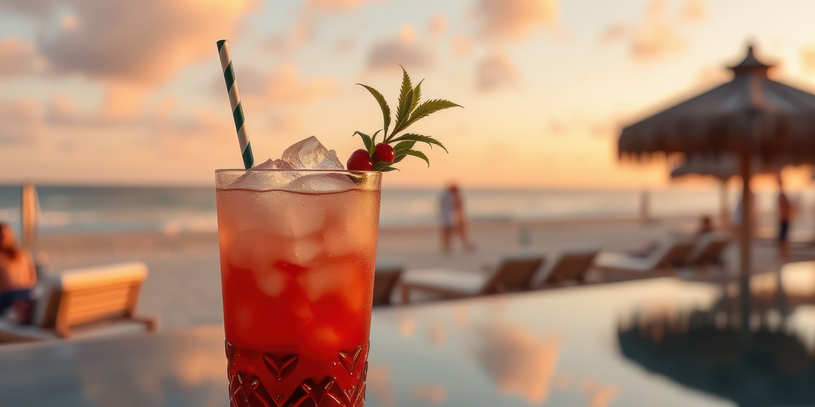 Enjoying a refreshing cocktail at the beach during a beautiful sunset in a tropical paradise